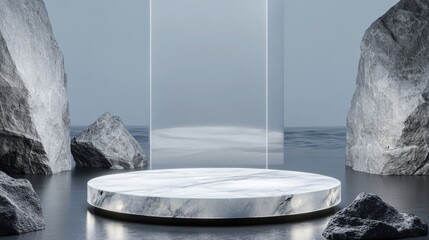 natural stone showcase design, seaside environment, marble display disc, organic rock elements, gentle ocean mist, warm ambient lighting, minimalist coastal aesthetic