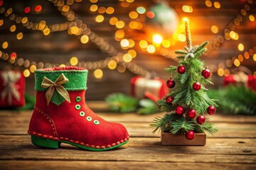 Vintage Style Photography of Red Boot Craft with Green Felt Christmas Tree Made by Children, Showcasing Handmade Holiday Spirit and Family Creativity