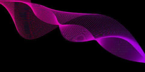 Modern multicolor wave of light is displayed on a black background, Abstract wavy lines and neon glow on a black background, soundwave on a dark reflective surface.