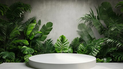 modern round exhibition podium, botanical garden setting, vibrant leaf textures, mystical forest atmosphere, volumetric lighting, premium environmental photography style