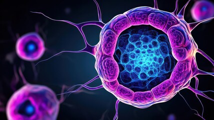 Cellular structure undergoing a reaction, intricate fractal patterns, bioluminescent, watercolor effect, surreal composition