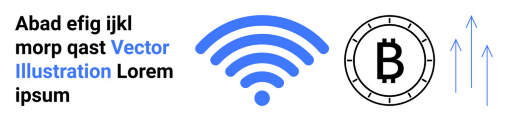 Bitcoin symbol, blue wireless signal, and black arrows indicating growth and network connectivity. Ideal for topics on cryptocurrency, internet, blockchain, financial growth, online transactions