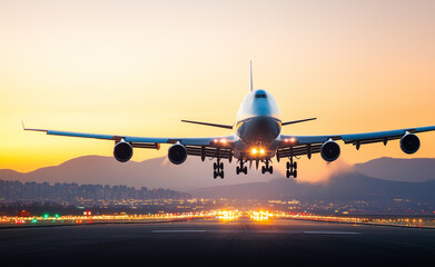 A commercial airplane lands on a runway at sunset, with mountains and illuminated city lights in the background.