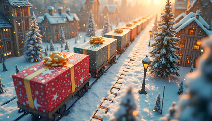 Snowy Village Christmas Train Gift Delivery