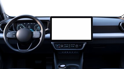 Fototapeta premium Monitor in car with isolated blank screen use for navigation maps and gps isolated on white with car detailing car display with blank screen modern car interior details mock up
