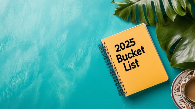 2025 bucket list notebook on a vibrant background with leaves.