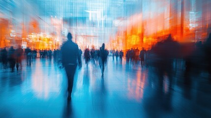 Fototapeta premium Blurred Motion of People in a Modern Urban Setting with Vibrant Lights and Reflections