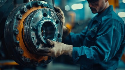 Professional mechanic man holding bearing of the hydraulic piston pump to inspection and repair maintenance heavy machinery