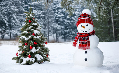 Obraz premium Cheerful snowman with a red hat and scarf standing in a snowy field with a decorated Christmas tree in the background.
