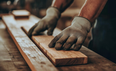 Carpenter wearing gloves, working with wooden planks in a workshop, focusing on craftsmanship and attention to detail.