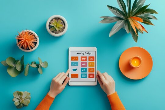 Hands holding tablet with budget app surrounded by plants.