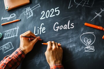 Person writing life goals on chalkboard for 2025 planning.