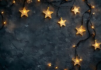 Twinkling Starry Lights on Dark Background. Golden star-shaped fairy lights glow warmly on a textured dark gray backdrop, creating a magical and festive atmosphere.