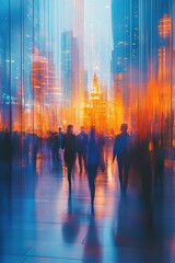 Obraz premium Abstract Urban Scene with Blurred Silhouettes of People Walking in a Modern Cityscape at Sunset