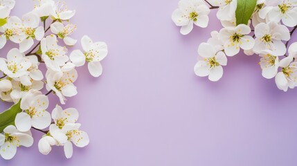 Obraz premium White flowers on a purple background spring flowers background top view banner with copy space
