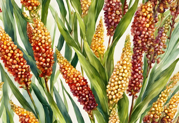 Obraz premium Watercolor painting of sorghum plant, showcasing its vibrant colors and intricate details, suitable for seed packaging or agricultural designs.