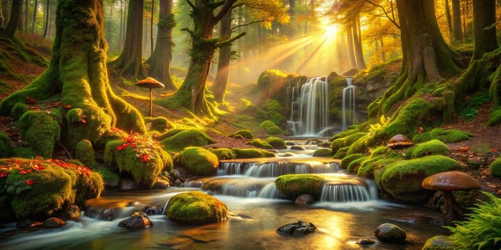 Sunlight Filtering Through Ancient Trees Illuminates a Cascading Waterfall and Moss-Covered Rocks in a Tranquil Forest