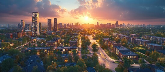 Fototapeta premium Stunning Urban Sunset Over Modern Cityscape with High-Rise Buildings and Lush Greenery