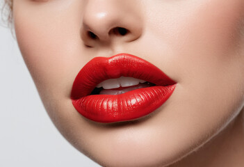Naklejka premium Close-up of a woman's face with bold red lipstick.