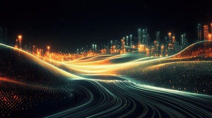 Fototapeta premium Futuristic Digital Landscape with Glowing Cityscape and Abstract Waves of Light in a Night Setting