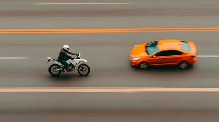 Obraz premium High Speed Collision Between Motorcycle and Car on City Street With Bike Sliding Across the Pavement at Dangerous Velocity
