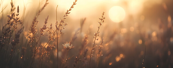Dew on grass blades glistening in the morning sun, fresh weather, nature awakening