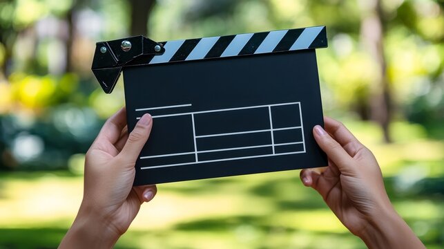Movie clapper board in hands outdoors