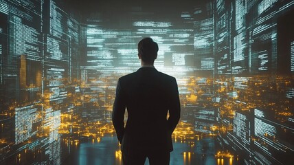 Technology and innovation are represented by a businessman looking at digital data on screens.