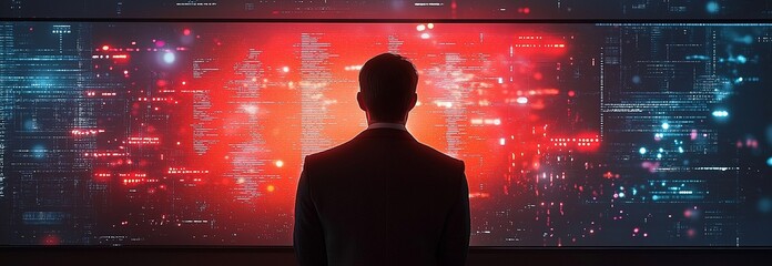 Technology and innovation are represented by a businessman looking at digital data on screens.