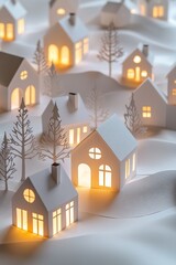 White paper-cut style winter forest and houses on the water, with glowing lights in the trees, against a white background. 