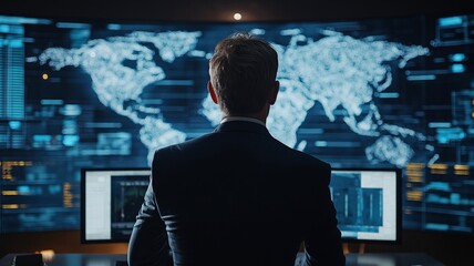 Technology and innovation are represented by a businessman looking at digital data on screens.