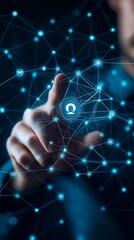 A businessman interacting with a virtual screen's human icon and social network