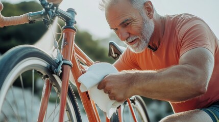 Senior man hand cleaning the bike by spray and a rag doing maintenance of his bicycle sport concept