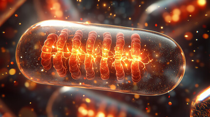 "ミトコンドリアの輝き：細胞の生命力を讃える暖かな色調のエネルギー生成"