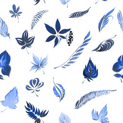 Blue frosted leaves on a white background, seamless pattern. Hand drawn gouache painting