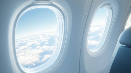 Beautiful view from an airplane window, with the airplane's interior featuring seats and windows against a blue sky background