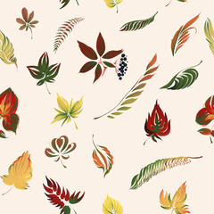 Hand drawn gouache painting. Falling autumn leaves on a beige background, seamless pattern 