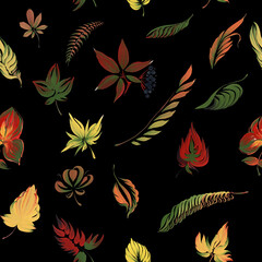 Falling autumn leaves on a black background, seamless pattern. Hand drawn gouache painting