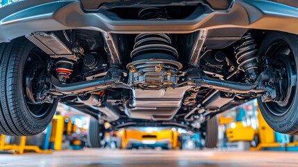 Fototapeta premium Auto mechanic view of bottom of the car rear differential axle wide angle rear suspension system and components of exhaust system in passenger city car all wheel drive system vehicle