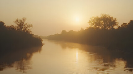 Fototapeta premium Hazy sunset over a calm river, humid weather, golden hour light