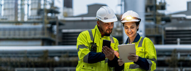 Male and female industrial engineers wearing hard hats talk to collaborate on new project. Team of engineers inspecting gas separation plant using tablets.
