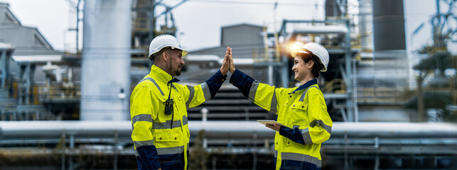 Male and female industrial engineers wearing hard hats working together on a new project. Team of engineers inspecting an oil and gas separation plant using tablets.