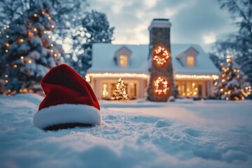 Santa Claus Hat and Boots Near a Chimney in a Snow-Covered Yard, Creating a Fun and Festive Scene with a Wide, Blank Space for Adding Personalized Holiday Text,


