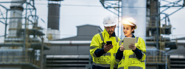 Male and female industrial engineers wearing hard hats talk to collaborate on new project. Team of...
