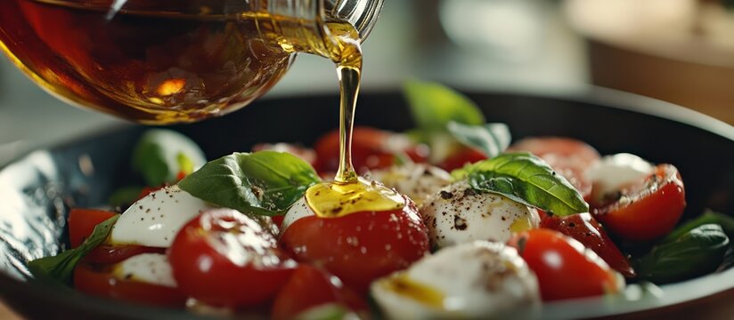 Drizzling Olive Oil on Caprese Salad