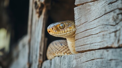 Obraz premium A snake hiding behind a wooden building