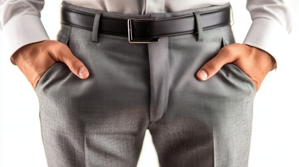 Man Hands in Pockets Grey Trousers Business Attire Closeup