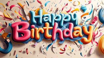 Festive card design featuring "Happy Birthday" in colorful paper cutout letters with hand-drawn effects of streamers and party icons, detailed shadowing, high detail, hd quality. --ar 16:9
