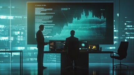 A dark office scene features two figures discussing data displayed on a large screen, illuminated by city lights at night.