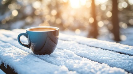 Obraz premium Warm Coffee Winter Snow Scene Cozy Hot Drink Outdoors